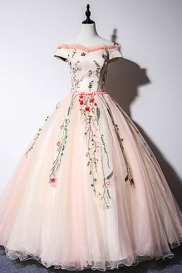 Wholesale Cute Tulle Lace Long Formal Dress A-Line Off Shoulder Party Dress